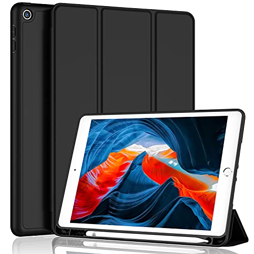 iMieet iPad 9th Generation Case 2021/iPad 8th Generation Case 2020 10.2 Inch with Pencil Holder, iPad 7th Gen 2019 Case with Soft Baby Skin Silicone Back, Auto Wake/Sleep Cover (Black) - Image 1