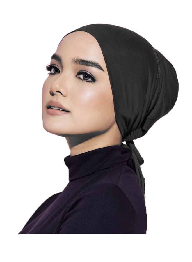 Women's Headscarf Elastic Lace-Up Base Cap Solid Color Headscarf Cover Scarf Black And White (2 PCS) - Image 3