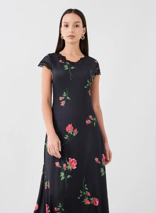 Take Two Take Two Floral Print Lace Detail Short Sleeve Midi Dress