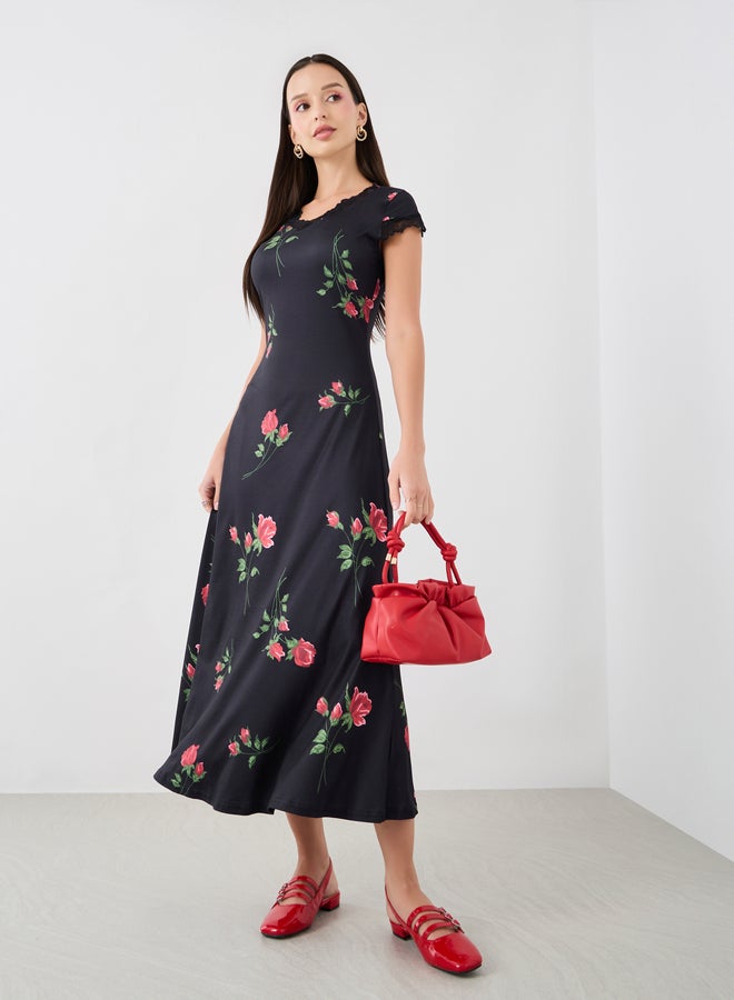 تايك تو فستان ميدي قصير بأكمام قصيرة وطبعات زهور وتفاصيل دانتيل - Image 1