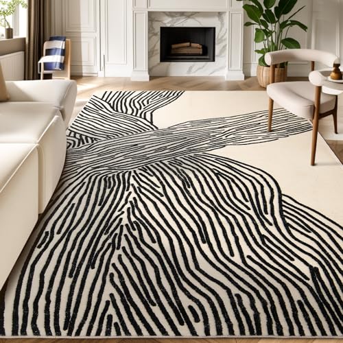 YIHOUSE 5×8 Ft Area Rugs, Abstract Washable Rug, Modern Black and White Rug for Bedroom Living Room Dining Room Office Playroom Nursery, Nonslip Throw Non-Shedding Thin Contemporary Striped Rugs - Image 1