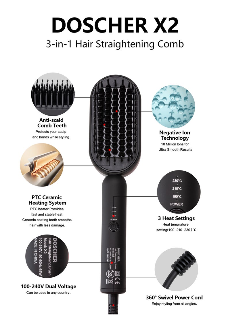 DOSCHER - Hair Straightener Brush Straightening Comb Fast Heating Ceramic Heater Straightening Comb with Negative Ions with Built-in Comb for All Hair Types -Gifts for Women - Image 1