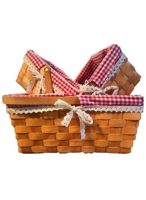 Set of 3 Natural Wicker Basket with Double Handles and Washable Gingham Liner