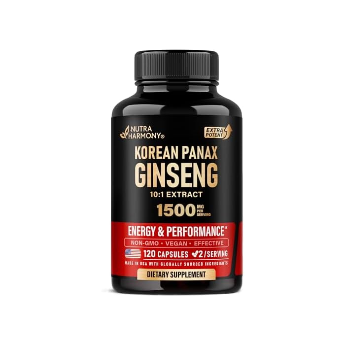 NUTRAHARMONY Panax Ginseng 1500 mg - Red Korean Ginseng Supplement for Men - Extra Strength 10:1 Extract - Energy, Focus, Productivity & Performance - Natural & Vegan - Made in USA - 120 Capsules, 2 Month Supply - Image 1
