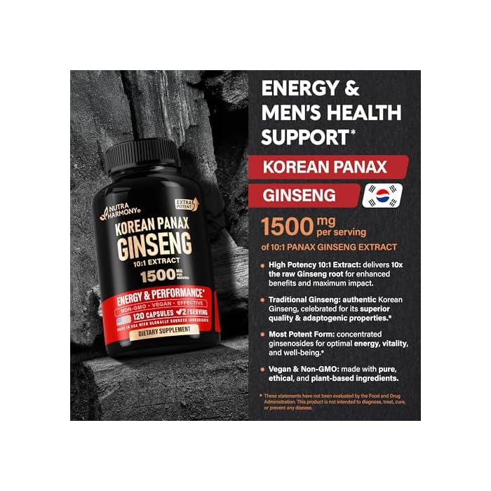 NUTRAHARMONY Panax Ginseng 1500 mg - Red Korean Ginseng Supplement for Men - Extra Strength 10:1 Extract - Energy, Focus, Productivity & Performance - Natural & Vegan - Made in USA - 120 Capsules, 2 Month Supply - Image 4