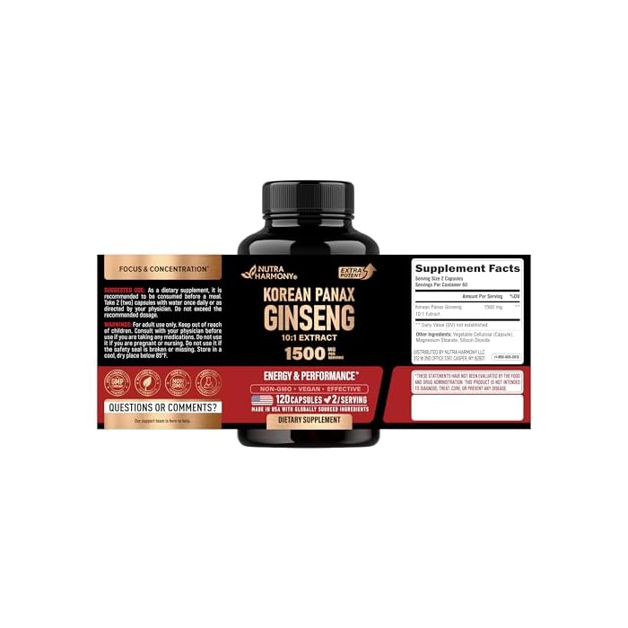 NUTRAHARMONY Panax Ginseng 1500 mg - Red Korean Ginseng Supplement for Men - Extra Strength 10:1 Extract - Energy, Focus, Productivity & Performance - Natural & Vegan - Made in USA - 120 Capsules, 2 Month Supply - Image 2