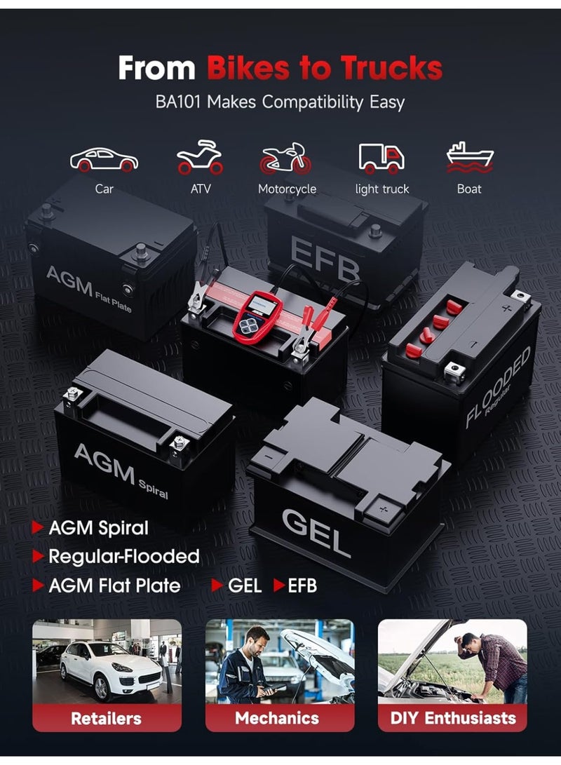 ANCEL BA101 Car Battery Tester 12V - Digital Automotive Batteries & Alternator Diagnostic Tool, 100-2000 CCA Load Capacity, Charging & Cranking Analysis for Motorcycle, Truck, Boat, RV, Marine & More - Image 5