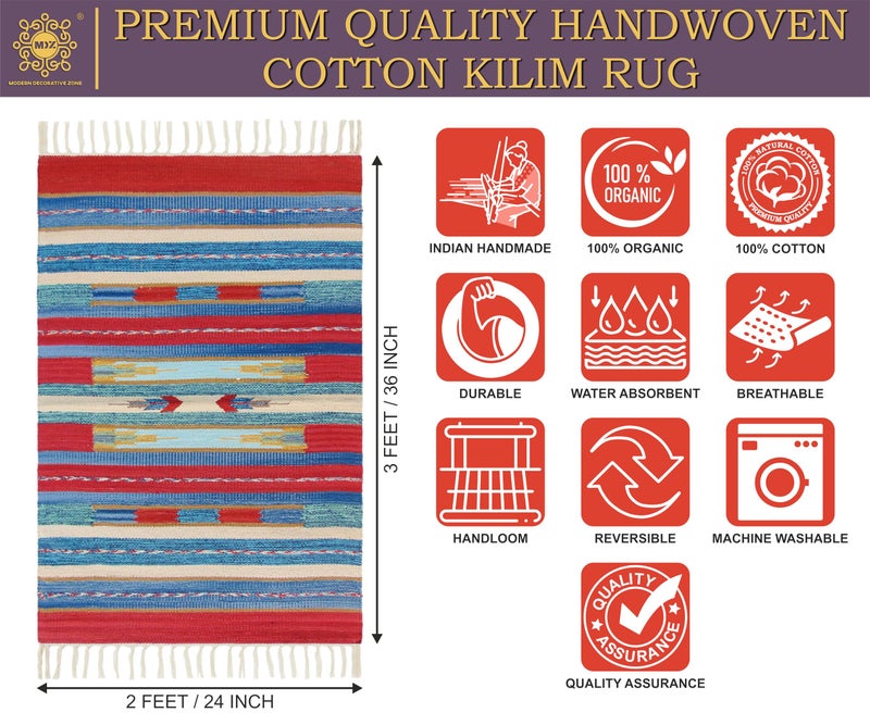 MDZ® Hand Woven Cotton Traditional Kilim Rug, Style: Traditional, Color: Multi, Size: 2'x3' Feet / 24"x36" Inches / 60X90 cm, for Kids Room, Living Room, Dining Room & Bedroom (Multi_1) - Image 2
