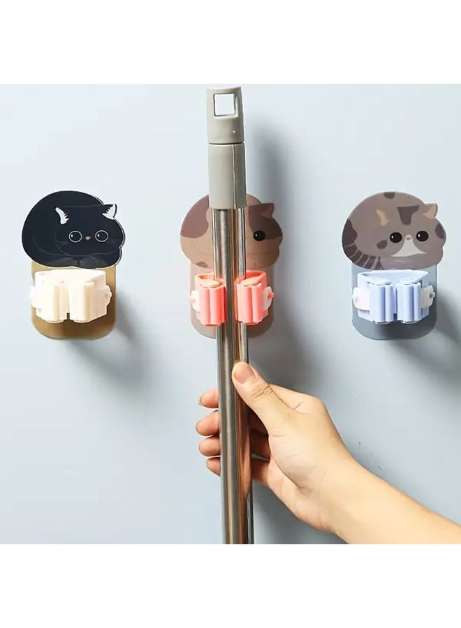 4pcs Self Adhesive Cat Shaped Wall Mounted Hooks Broom And Mop Hanger Space Saving Durable Plastic Holder For Brooms Mops Pencils Easy Install No Screws Multi Purpose Organizer For Room Bathroom Utility - Image 1
