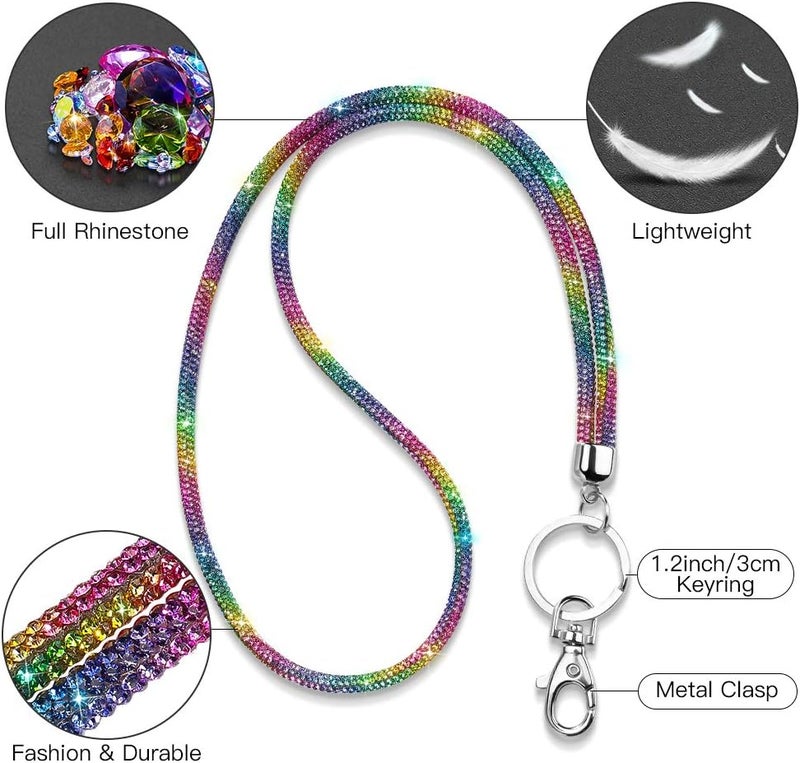Soleebee Rhinestone Office Lanyard, 31.5'' Bling Neck Lanyard with Metal Clasp & Keyring, Crystal Lanyard for Women, ID Card, Keys Strap (Rainbow) - Image 2