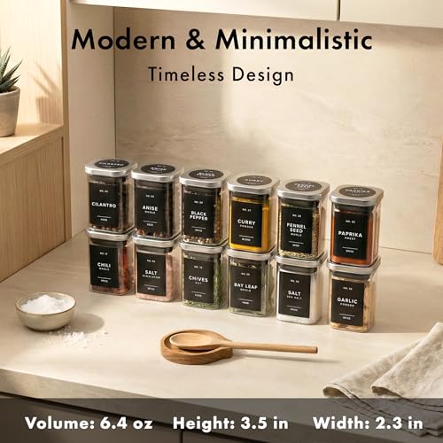 EDELHAUS Glass Spice Jars with Labels and Steel Lids (12 x 6.4oz) Spice Containers with 160 Label, Steel Funnel, Shaker Inserts, Empty Square Seasoning Organizer for Spice Rack, Cabinet, Drawer - Image 2