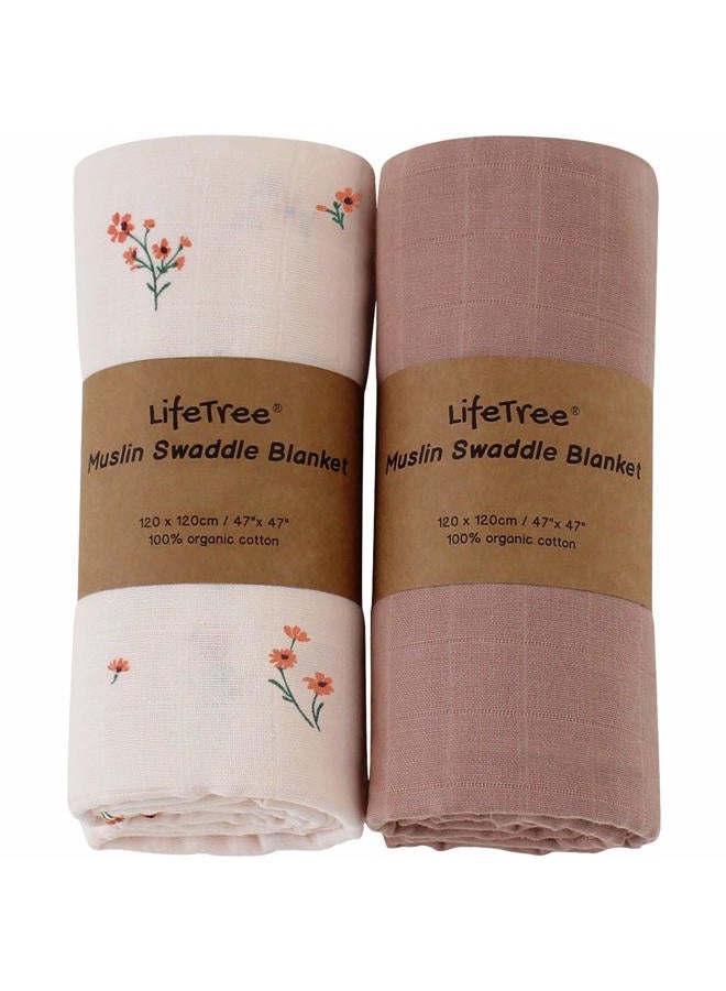 LifeTree Baby Girl Swaddle Blankets, Muslin Swaddling Wrap Receiving Blanket for Newborn, Organic Cotton, Large 47 x 47 inches, Solid Color/Flower Print - Image 1
