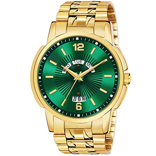 CLOUDWOOD Analog Green Dial Day and Date Function Golden Stainless Steel Watch for Men & Boys -CLWD74 (Green) - Image 1