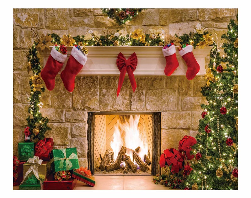 Funnytree 10x8ft Christmas Fireplace Backdrop Interior Vintage Xmas Tree Stockings Photography Background Portrait Photobooth Party Banner Decorations Photo Studio Props