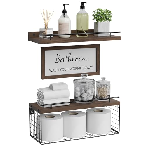 WOPITUES Floating Shelves for Wall Decor Sign, Bathroom Organizers and Storage, Bathroom Shelves Over Toilet with Metal Guardrail-Rustic Brown - Image 1