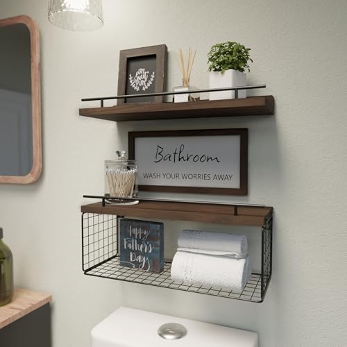 WOPITUES Floating Shelves for Wall Decor Sign, Bathroom Organizers and Storage, Bathroom Shelves Over Toilet with Metal Guardrail-Rustic Brown - Image 2