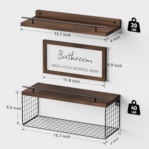 WOPITUES Floating Shelves for Wall Decor Sign, Bathroom Organizers and Storage, Bathroom Shelves Over Toilet with Metal Guardrail-Rustic Brown - Image 3