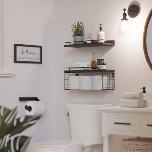 WOPITUES Floating Shelves for Wall Decor Sign, Bathroom Organizers and Storage, Bathroom Shelves Over Toilet with Metal Guardrail-Rustic Brown - Image 5