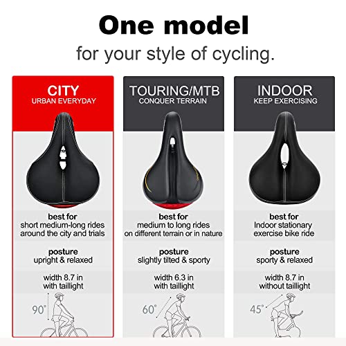 DAWAY C99 Men Women Bike Seat - Comfortable Memory Foam Padded Bicycle Saddle with Taillight, Waterproof Wide Leather Cushion, Dual Spring Suspension, Shock Absorbing, Fits Road, MTB, Exercise Bikes﻿ - Image 2