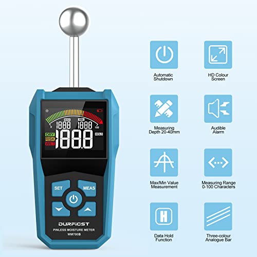 DURFICST Wood Moisture Meter, DURFICST Pinless Moisture Meter with Colour LCD Display and Audible Alarm, Moisture Reader for All Building Materials, Wood, Wall, Plaster, Masonry… - Image 2