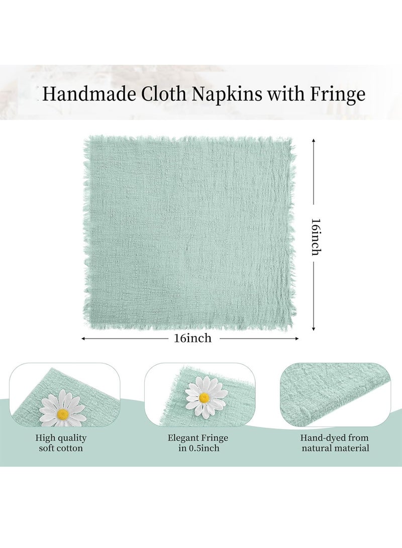 Forest Home 12Pcs Napkins Cotton Linen Napkins, 43 * 43cm Wrinkled Dinner Napkins, Washable Rustic Dinner Napkins Cloth, Green Napkins Cloth Handmade with Fringe for Home Wedding Parties Sage Green - Image 2