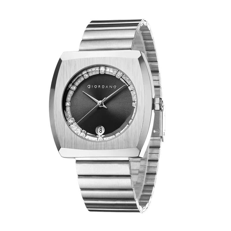 Giordano Square Analog Watch for Men – Sunray Gloss Dial with Crystal Hour Markers, Date Display & Stainless Steel Strap – Stylish Luxury Timepiece - GZ-50155 - Image 1