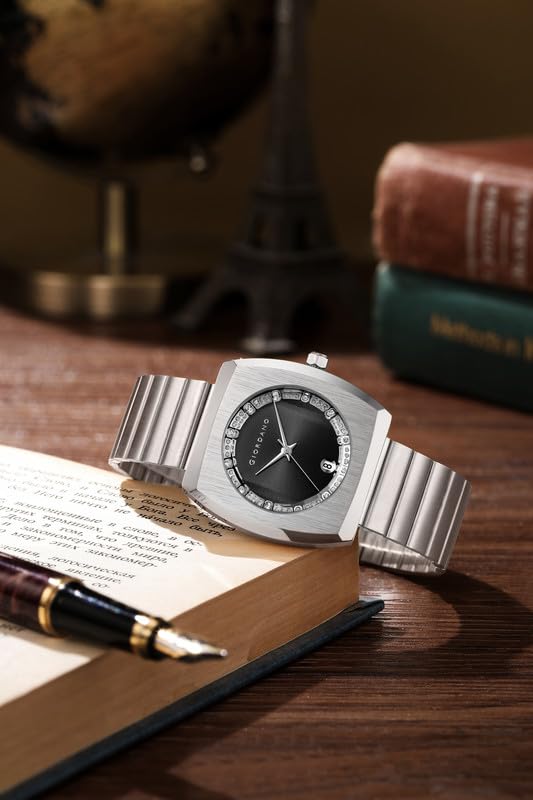 Giordano Square Analog Watch for Men – Sunray Gloss Dial with Crystal Hour Markers, Date Display & Stainless Steel Strap – Stylish Luxury Timepiece - GZ-50155 - Image 3