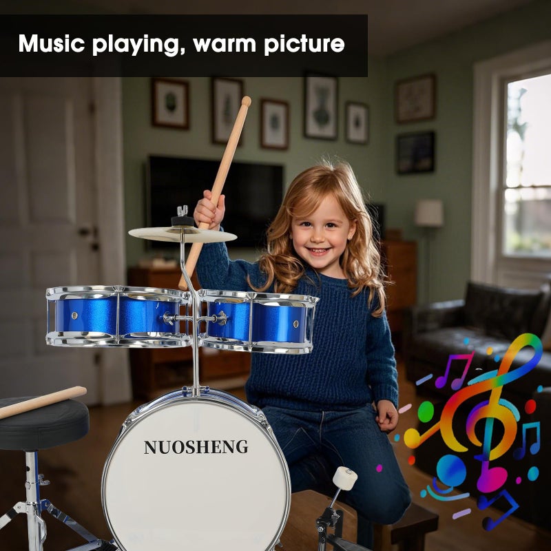 NUOSHENG Kids Drum Set 3-Piece for Beginners, 13 Inch Drum Kit with Adjustable Throne, Cymbal, Pedal & Drumsticks, Junior Drum Set with Bass Tom Snare Drum, Blue - Image 3