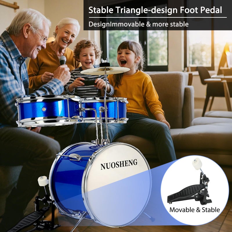 NUOSHENG Kids Drum Set 3-Piece for Beginners, 13 Inch Drum Kit with Adjustable Throne, Cymbal, Pedal & Drumsticks, Junior Drum Set with Bass Tom Snare Drum, Blue - Image 4