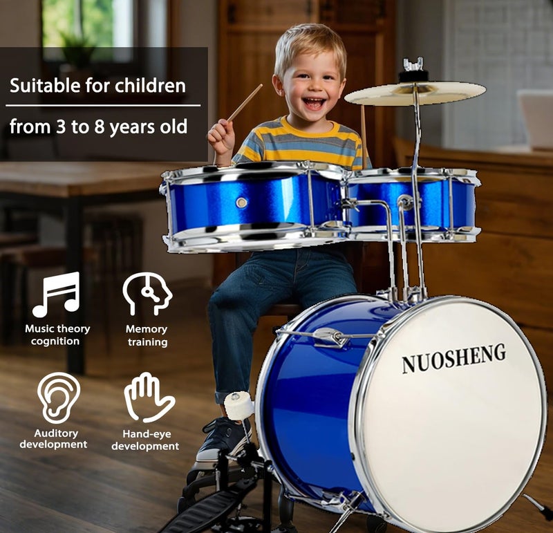 NUOSHENG Kids Drum Set 3-Piece for Beginners, 13 Inch Drum Kit with Adjustable Throne, Cymbal, Pedal & Drumsticks, Junior Drum Set with Bass Tom Snare Drum, Blue - Image 2