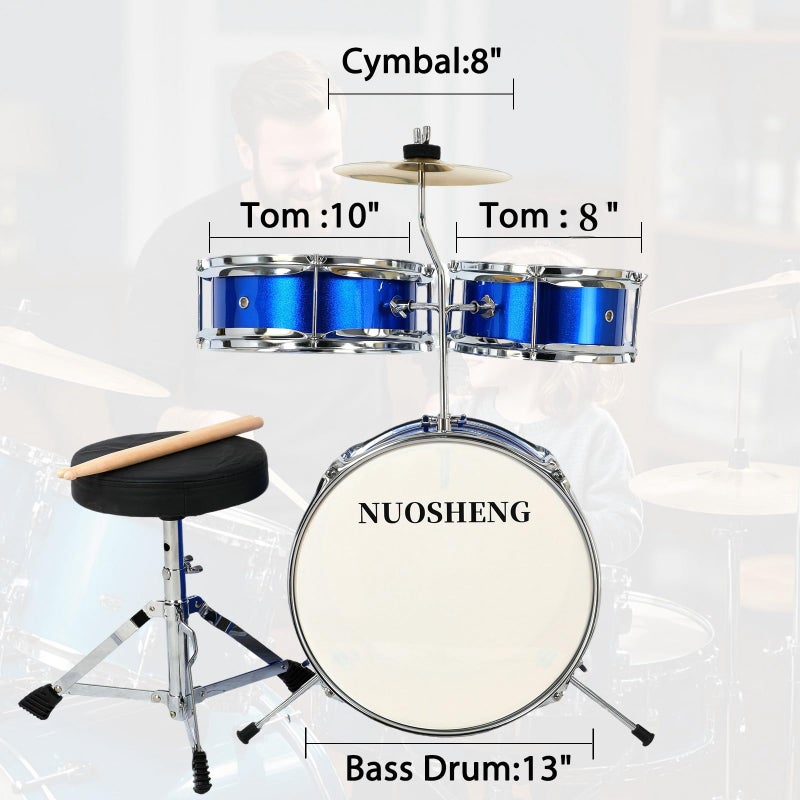 NUOSHENG Kids Drum Set 3-Piece for Beginners, 13 Inch Drum Kit with Adjustable Throne, Cymbal, Pedal & Drumsticks, Junior Drum Set with Bass Tom Snare Drum, Blue - Image 5