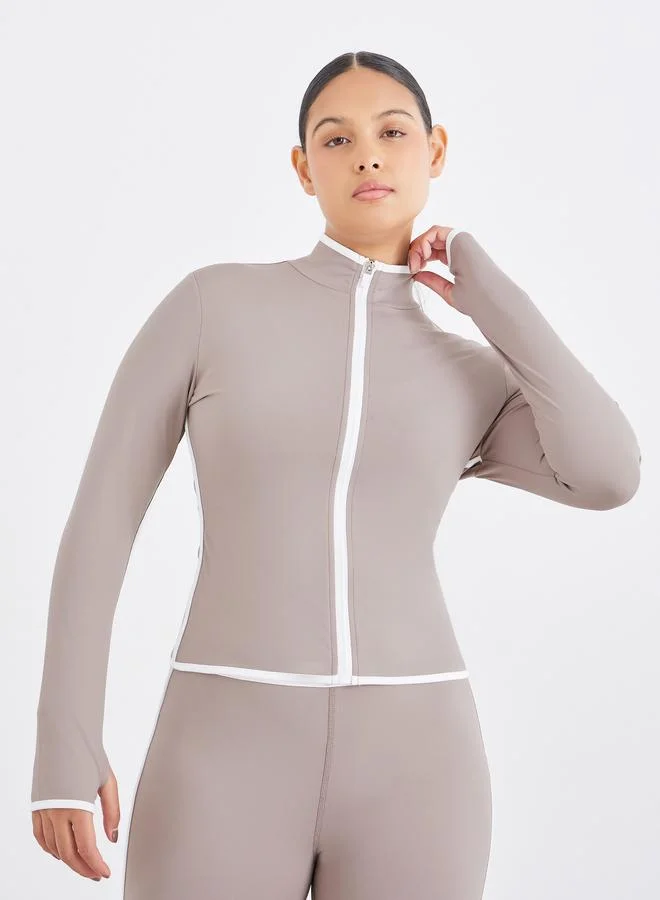 Styli Active  Contrast Piping Zip-Up Jacket and Leggings Set for Women | Best Price UAE
