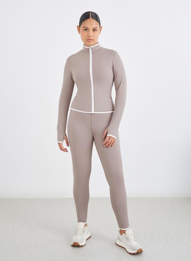 Styli Active Contrast Piping Zip-Up Jacket and Leggings Set - Image 1