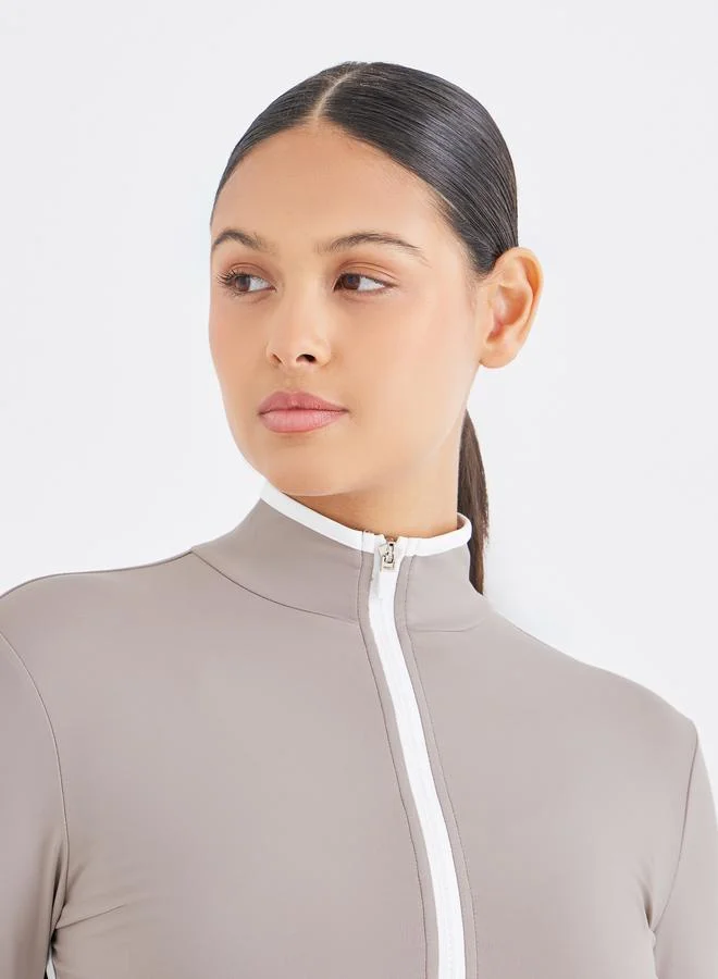 Styli Active  Contrast Piping Zip-Up Jacket and Leggings Set for Women | Best Price UAE