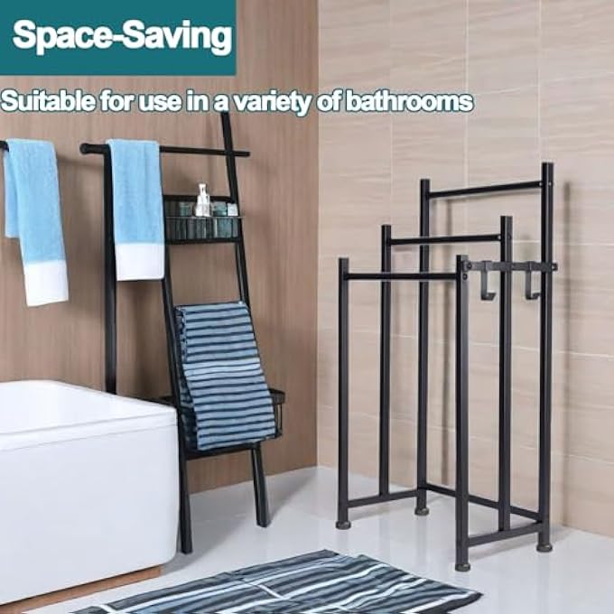 حامل مناشف معدني قائم بذاته بثلاث طبقات، مقاس 3385 بوصة، حامل مناشف حمام أرضي مع خطافات جانبية، منظم حمام قائم لتخزين مناشف اليد ومناشف الغسيل بجوار حوض الاستحمام أو الدش، كبير، أسود - Image 2