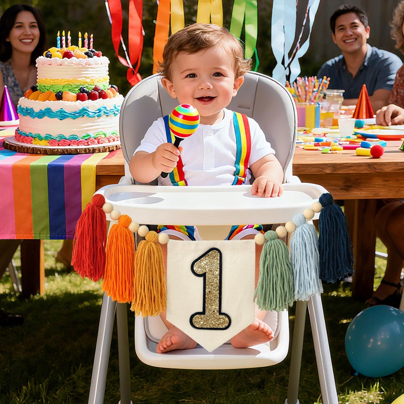 HODIHIWI Handmade Rainbow 1st Birthday HighChair Banner Colorful Party Decoration For Girls Boys Baby Shower Kids Bedroom - Image 2