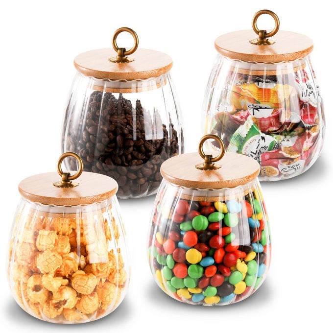 4 PACK 25 OZ GLASS AIRTIGHT STORAGE JAR GLASS CANISTER WITH BAMBOO LID DECORATIVE PETAL STORAGE CONTAINER WITH METAL HANDLE FOR DRY FOOD TEA COOKIE CANDY SUGAR NUTS
