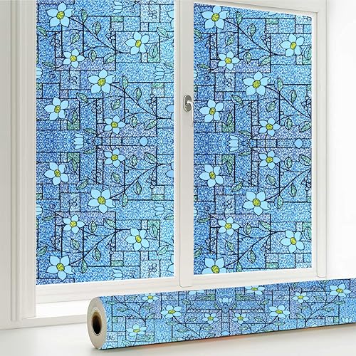 WALLTON Privacy Vinyl Frosted Window Film Glass Sticker Self-Adhesive Film Tint Wallpaper Opaque Sheet for Glass Privacy Cover Window, Door, Office, Home.| Anti-UV. (16x96 Inch, Small Blue Patti) - Image 1