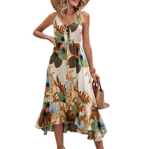 BROVAVE Women's 2025 Summer Casual Boho Sundress Polka Dot Spaghetti Strap V Neck Flowy Midi Dresses(008 Apricot, Small) - Image 1