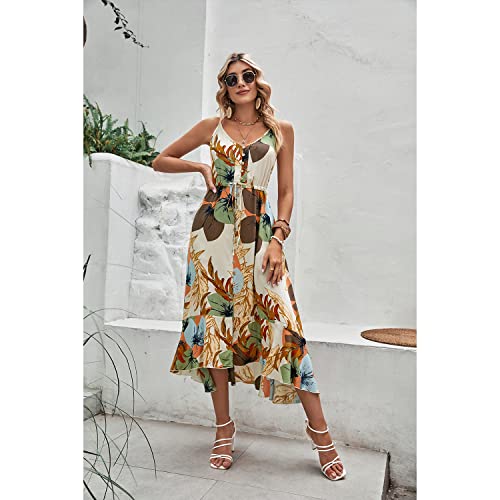 BROVAVE Women's 2025 Summer Casual Boho Sundress Polka Dot Spaghetti Strap V Neck Flowy Midi Dresses(008 Apricot, Small) - Image 5