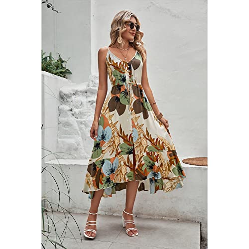 BROVAVE Women's 2025 Summer Casual Boho Sundress Polka Dot Spaghetti Strap V Neck Flowy Midi Dresses(008 Apricot, Small) - Image 4