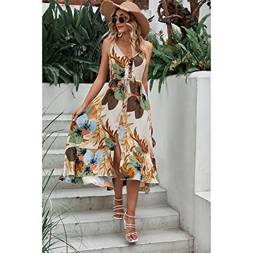 BROVAVE Women's 2025 Summer Casual Boho Sundress Polka Dot Spaghetti Strap V Neck Flowy Midi Dresses(008 Apricot, Small) - Image 2