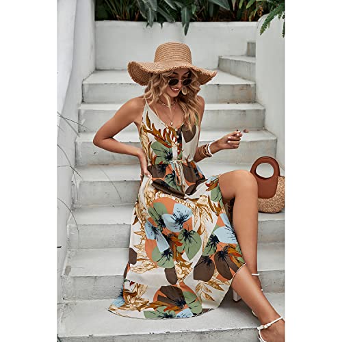 BROVAVE Women's 2025 Summer Casual Boho Sundress Polka Dot Spaghetti Strap V Neck Flowy Midi Dresses(008 Apricot, Small) - Image 3