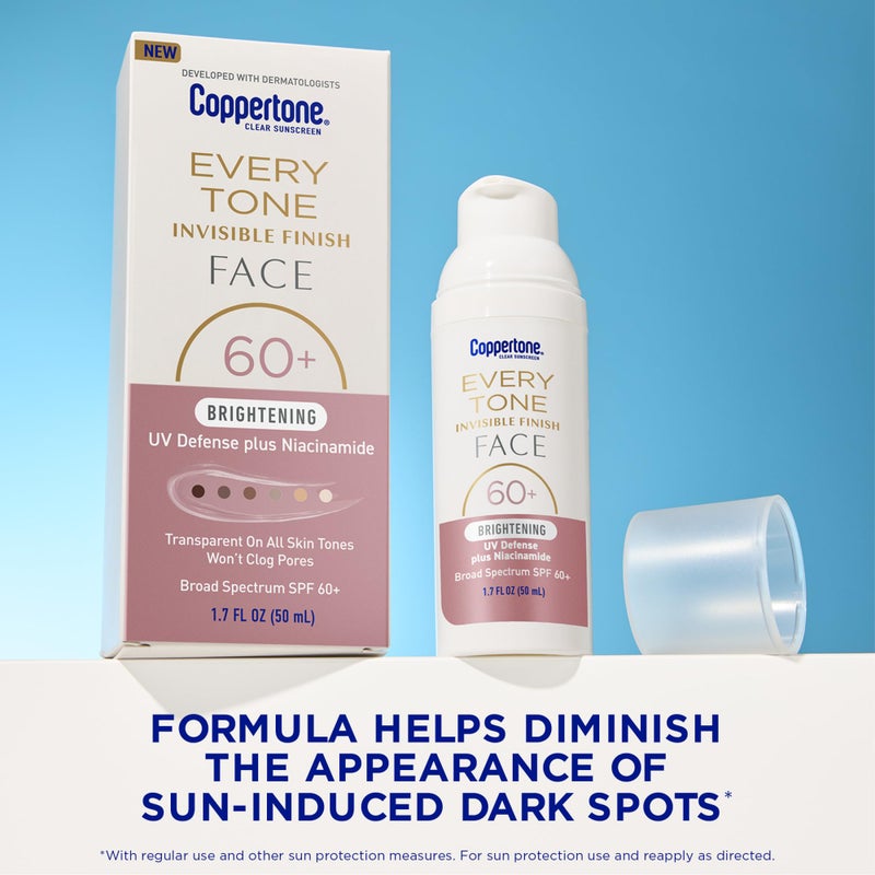 Coppertone Every Tone Invisible Finish Brightening UV Defense Face Sunscreen SPF 60+ with Niacinamide, Lightweight, Blends in Clear Sunscreen for All Skin Tones, 1.7 Fl Oz Pump Bottle - Image 2