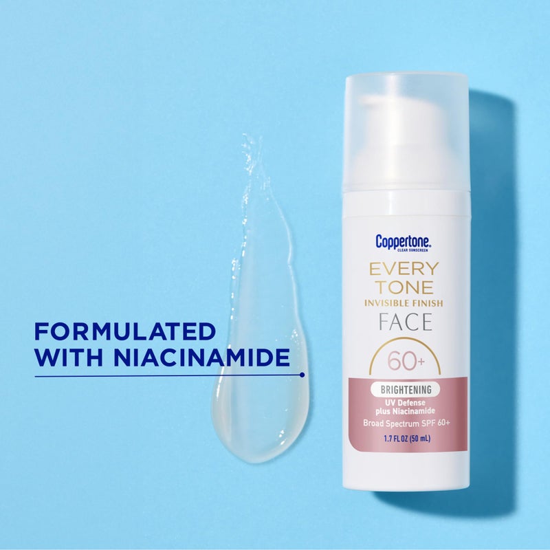 Coppertone Every Tone Invisible Finish Brightening UV Defense Face Sunscreen SPF 60+ with Niacinamide, Lightweight, Blends in Clear Sunscreen for All Skin Tones, 1.7 Fl Oz Pump Bottle - Image 5