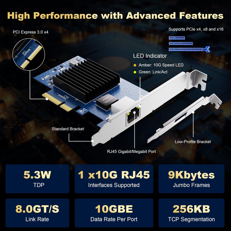 BZIZU 10Gb PCIe NIC Network Card, Single RJ45 Port, Aquantia AQC107 4X Ethernet LAN Controller, for Windows Server/Windows/Linux/ESX - Image 2