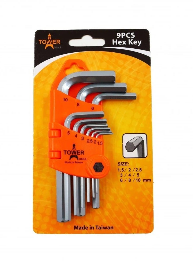 لوازم طقم مفاتيح ألن كي سداسية 9 قطع من تاور تولز – مقاسات متنوعة (1.5-10 ملم) – صناعة تايوانية عالية الجودة