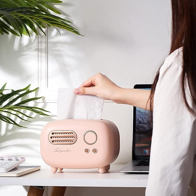 JAMBUVANTI Radio Model Tissue Box Facial Tissue Box Napkin Organizer Vintage Paper Holder Paper Box Holder Desktop Decoration Tissue Holder Vanity Countertops face Napkin and Tissue Holder Pink - Image 4