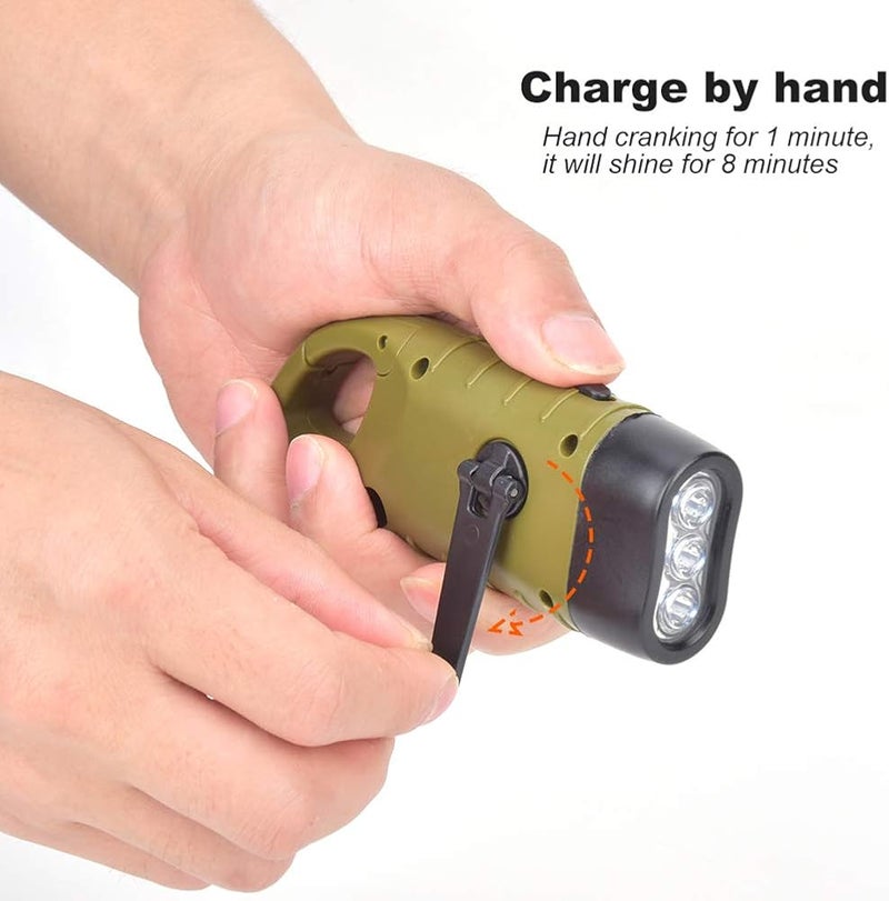 Bewinner Hand Crank Flashlight Solar Hand Crank Flashlight Emergency LED Portable Torch Gear Self Powered Charging Torch(ArmyGreen) - Image 3