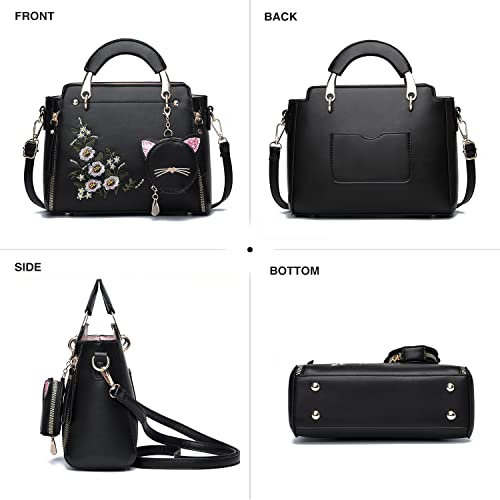 Xiaoyu Fashion Purses and Handbags for Women Ladies Crossbody Bags Top Handle Satchel Shoulder Bags Small Totes (Black Flower) - Image 4